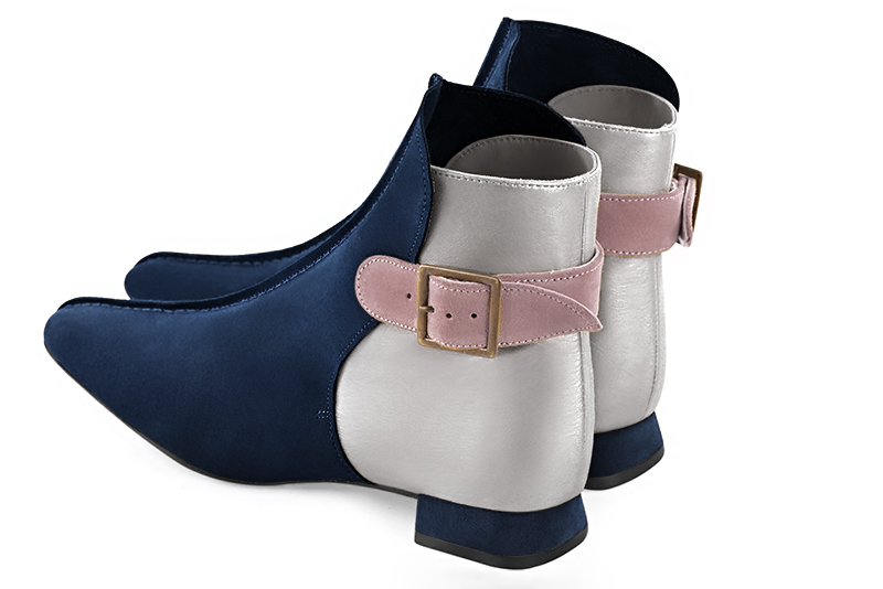 Navy blue, light silver and dusty rose pink women's ankle boots with buckles at the back. Square toe. Flat flare heels. Rear view - Florence KOOIJMAN